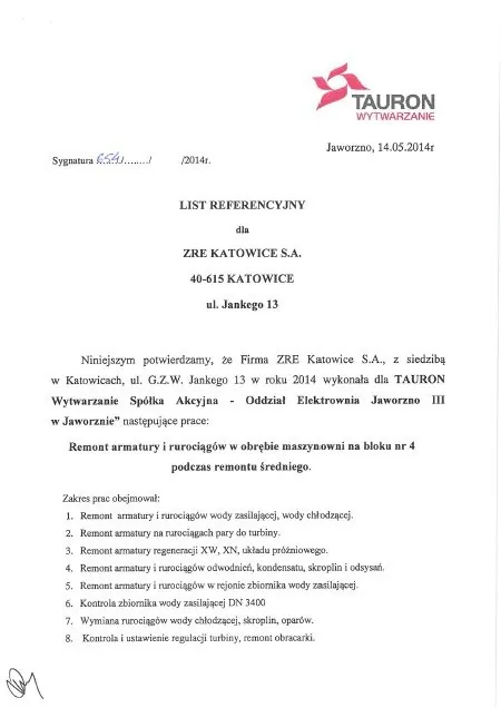 list referencyjny Tauron