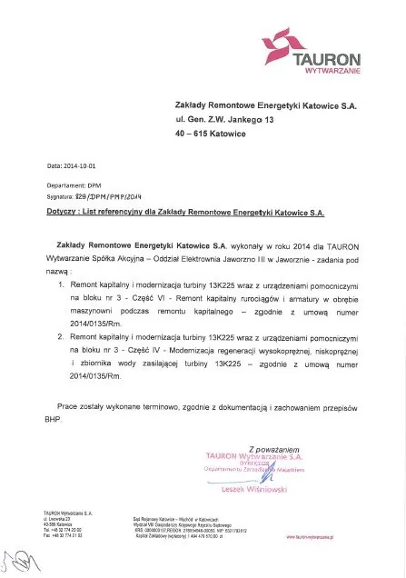 referencje TAURON Jaworzno III
