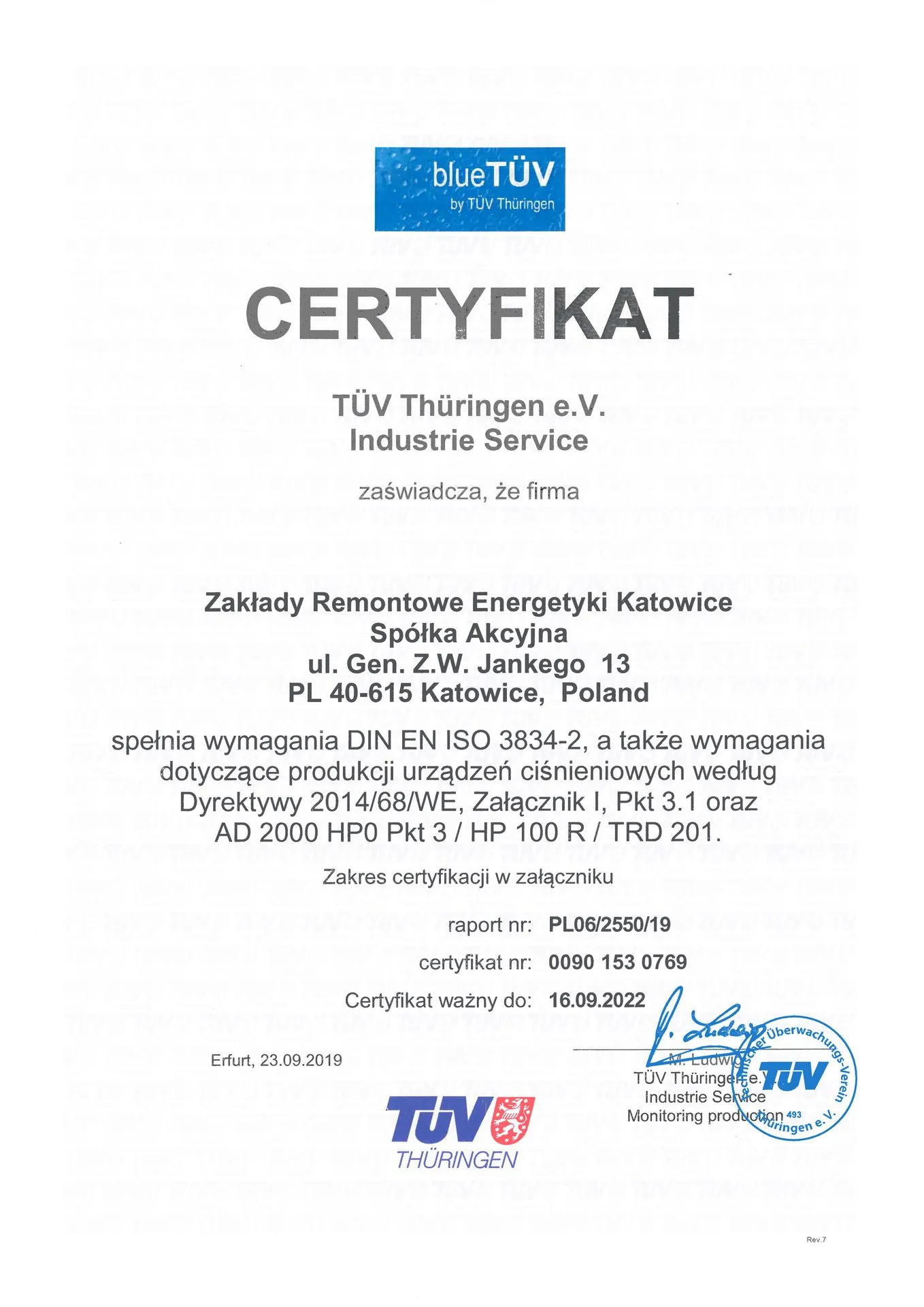 Certyfikat blue TUV