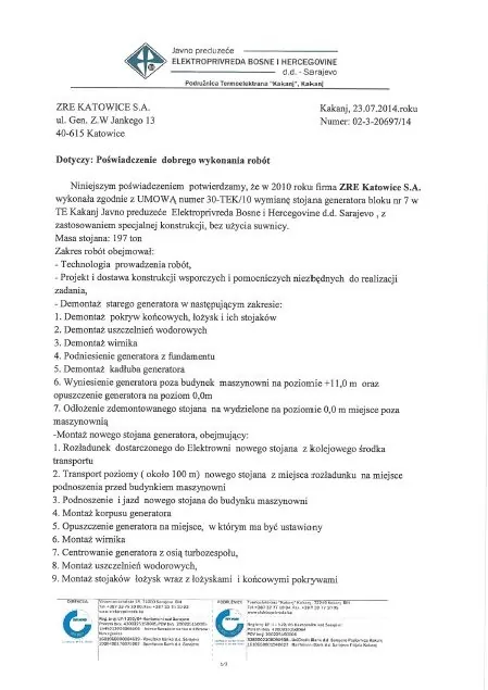 TE Kakanj. Wymiana stojana generatora