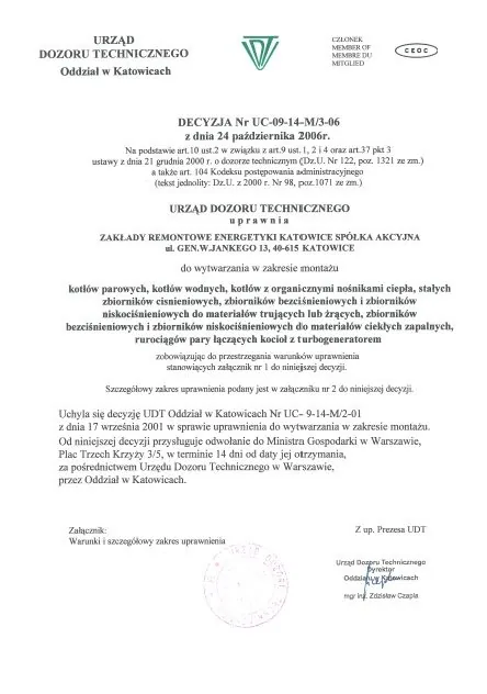 ZRE UDT Decyzja Montaż UC