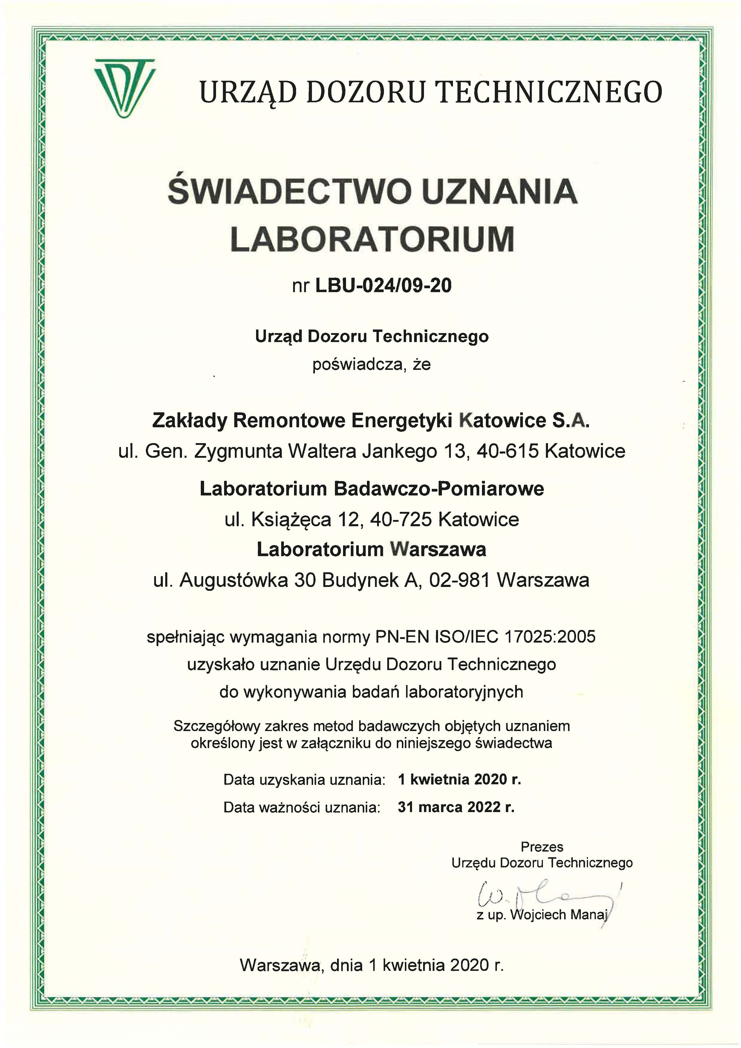 świadectwo uznania laboratorium