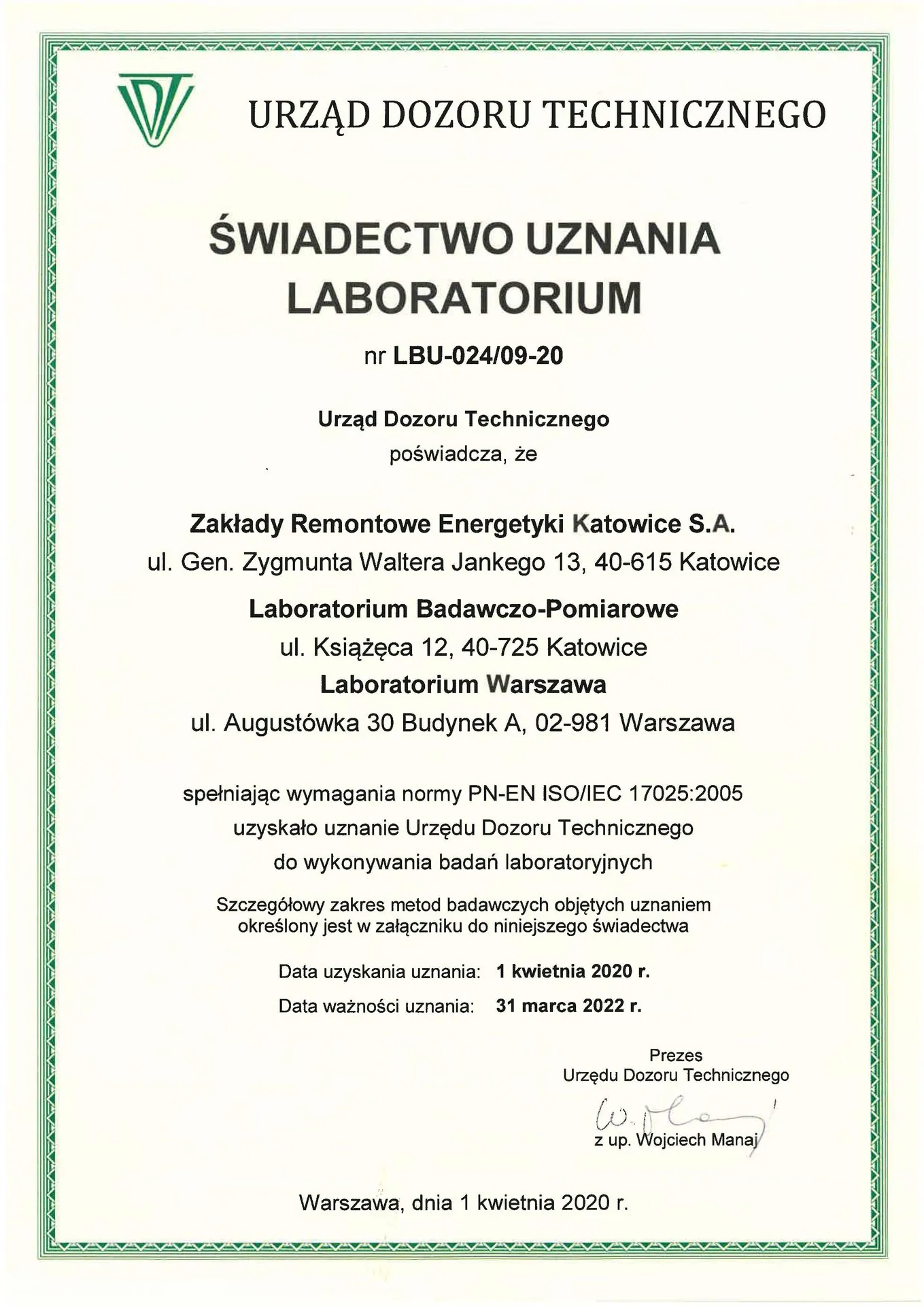 świadectwo uznania laboratorium
