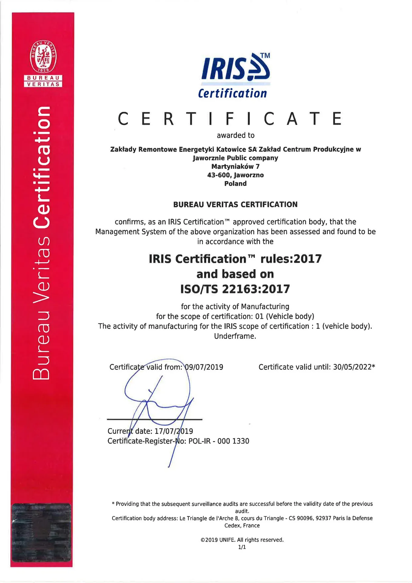 Certyfikat IRIS